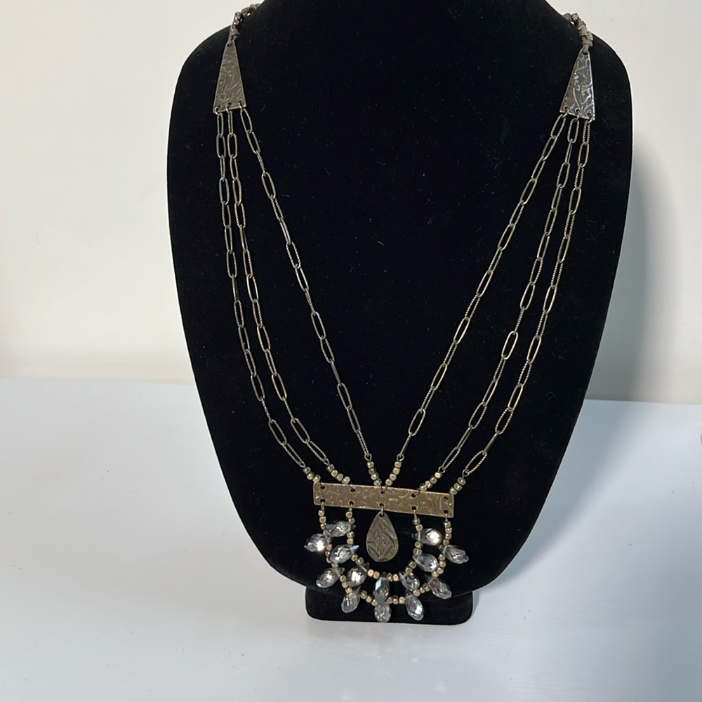 MYTHOLOGIE NWT Boho Ethnic 3 Strand Faceted Stone Pendant Etched Beaded Necklace